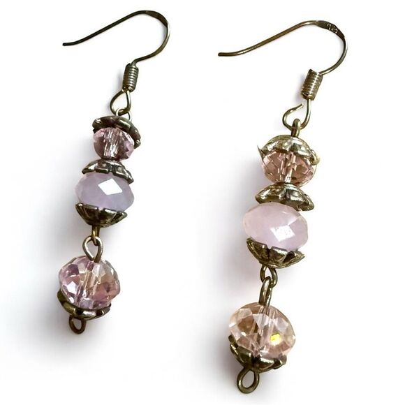 VINTAGE-INSPIRED DANGLE EARRINGS – STERLING HOOKS & PINK FACETED BEADS - Picture 1 of 17